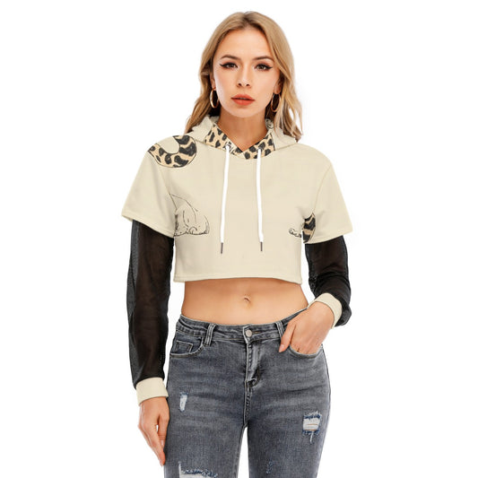 All-Over Print Women's Fake Two-piece Mesh Sleeve Cropped Hoodie