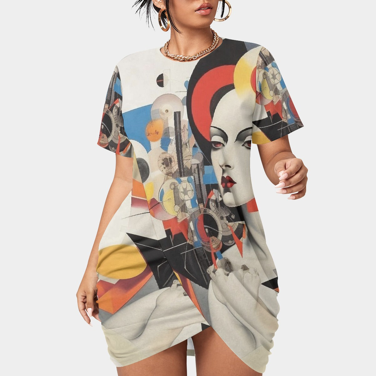 All-Over Print Women’s Stacked Hem Dress With Short Sleeve（Plus Size）