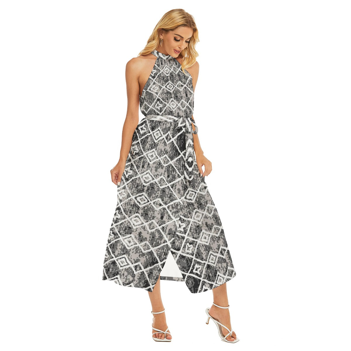 All-Over Print Women's Wrap Hem Belted Halter Dress