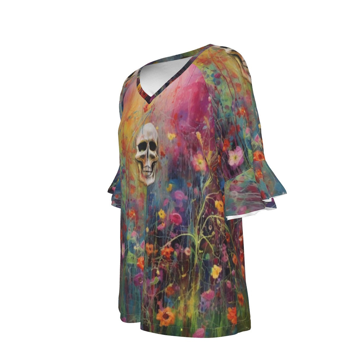 All-Over Print V-neck Women's T-shirt With Bell Sleeve