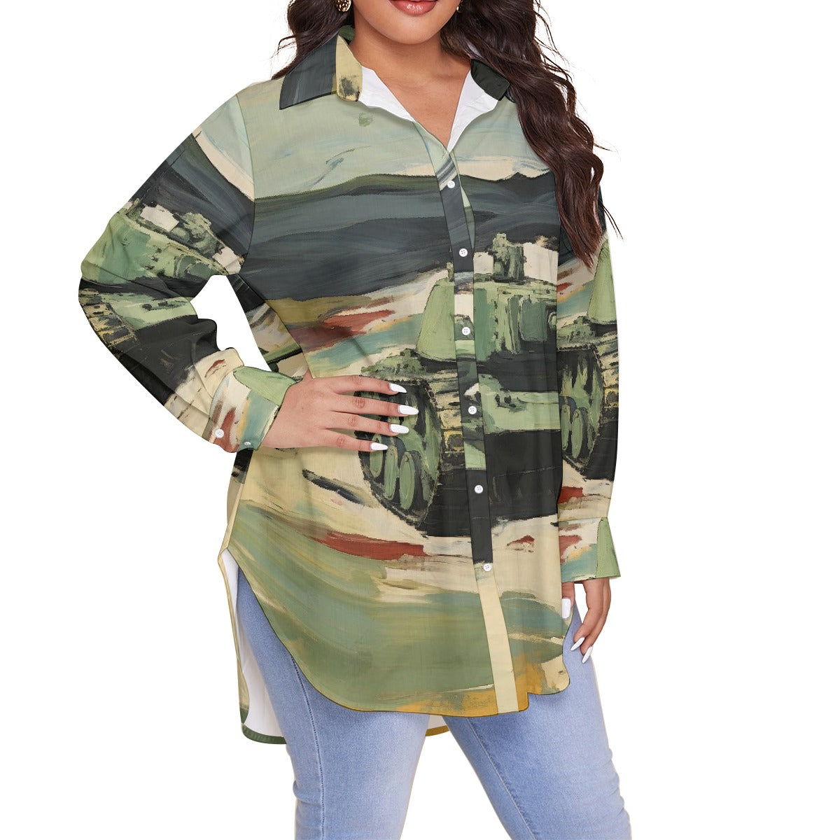 All-Over Print Women's Shirt With Long Sleeve(Plus Size)