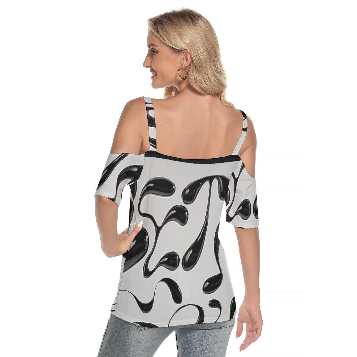 All-Over Print Women's Cold Shoulder T-shirt With Criss Cross Strips