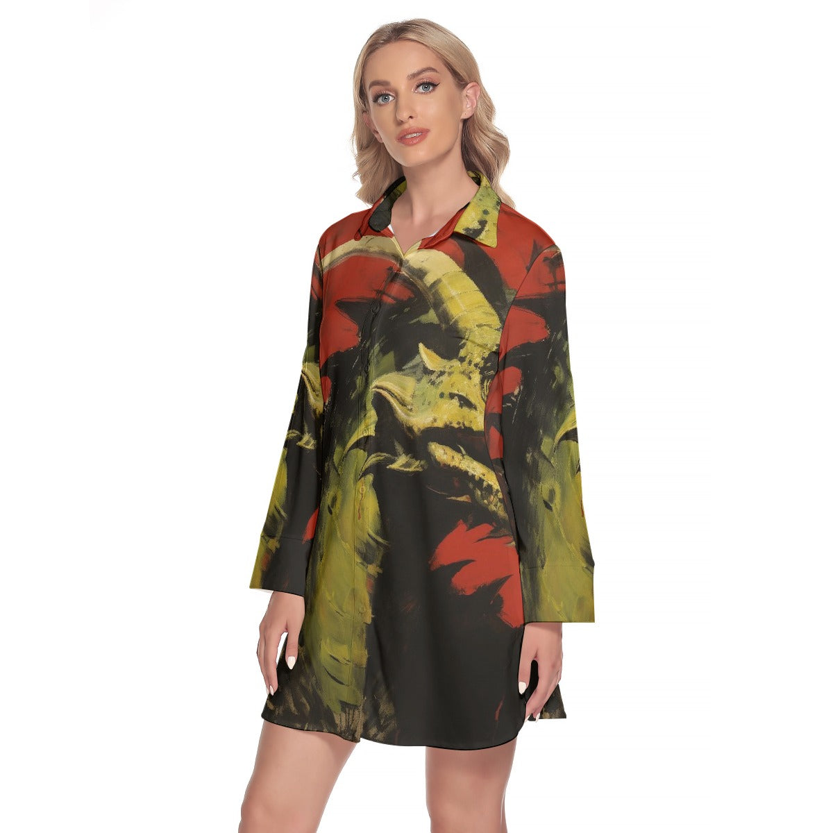 All-Over Print Women's Lapel Shirt Dress With Long Sleeve