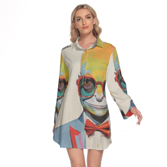 All-Over Print Women's Lapel Shirt Dress With Long Sleeve