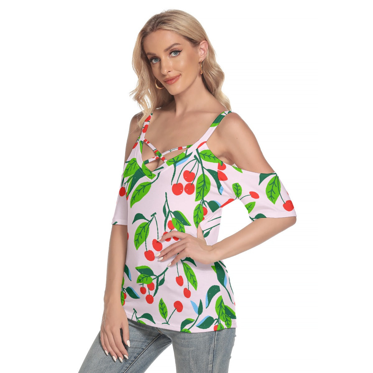 All-Over Print Women's Cold Shoulder T-shirt With Criss Cross Strips