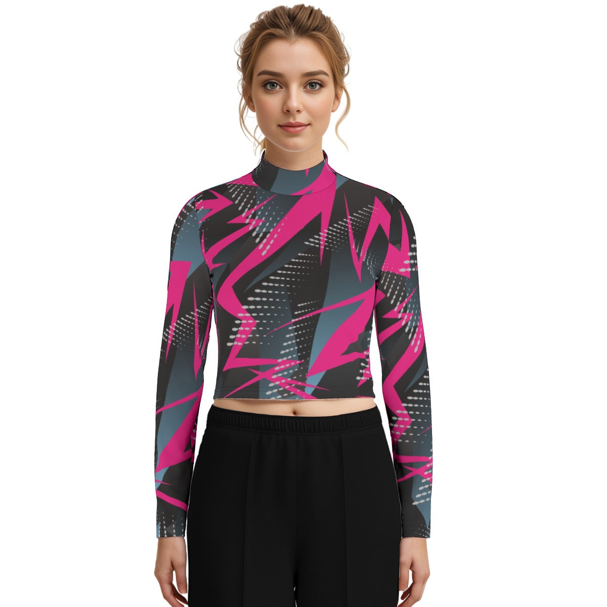 Eco-Friendly All-Over Print Women's Turtleneck T-shirt With Long Sleeve