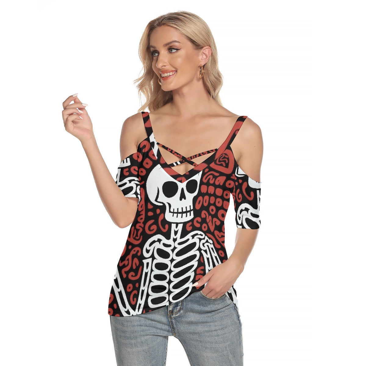 All-Over Print Women's Cold Shoulder T-shirt With Criss Cross Strips