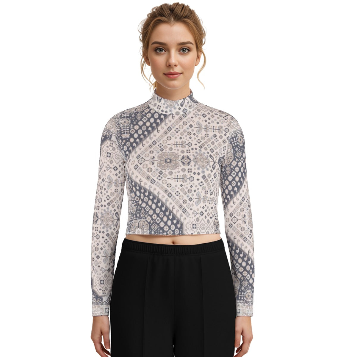 Eco-Friendly All-Over Print Women's Turtleneck T-shirt With Long Sleeve