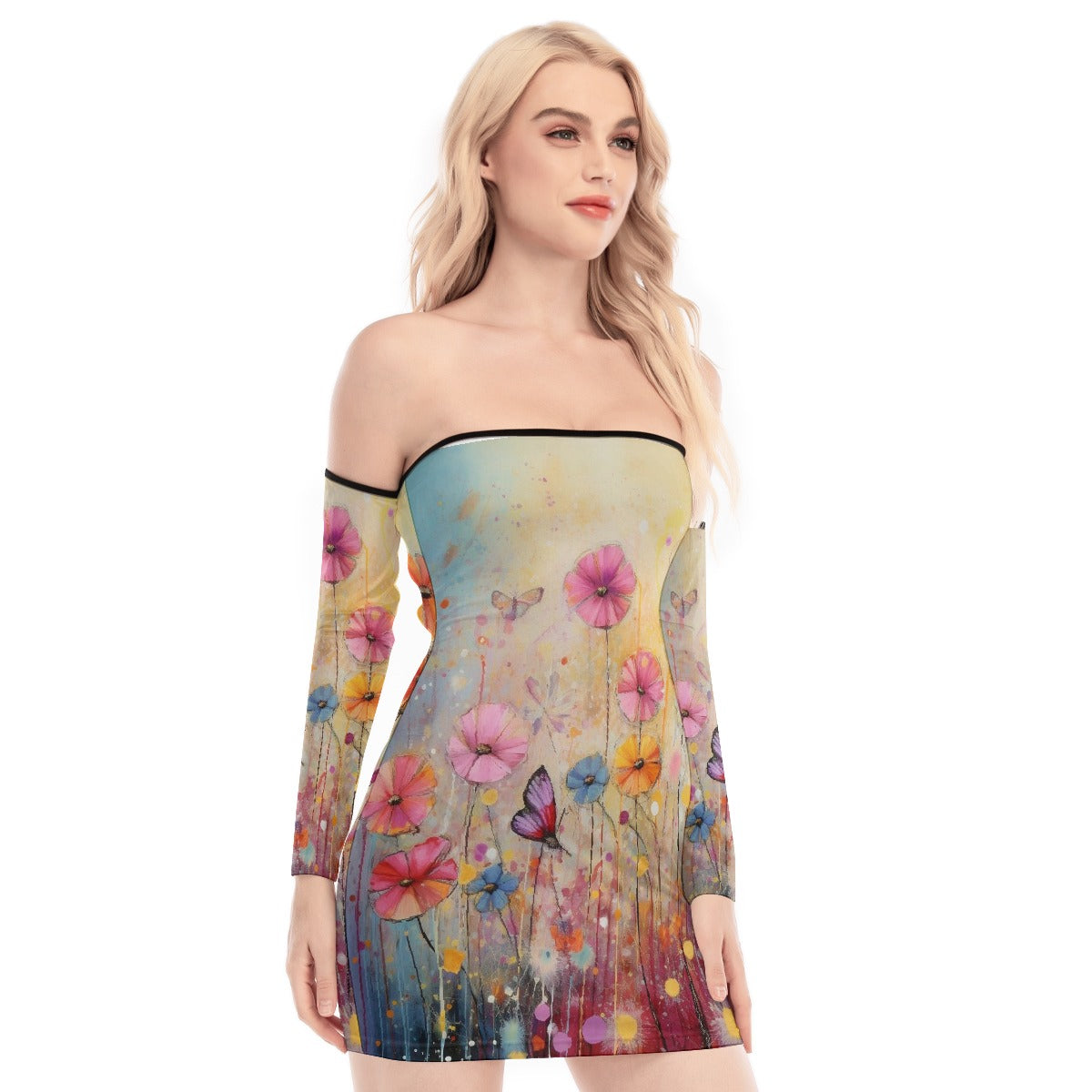 All-Over Print Women's Off-shoulder Back Lace-up Dress