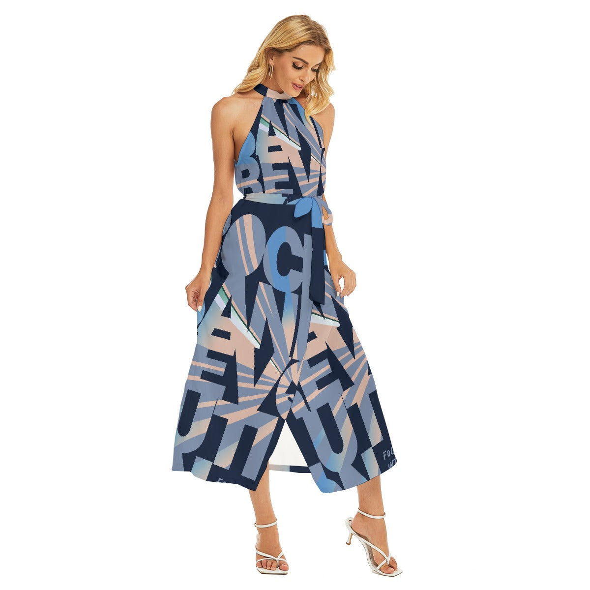 All-Over Print Women's Wrap Hem Belted Halter Dress