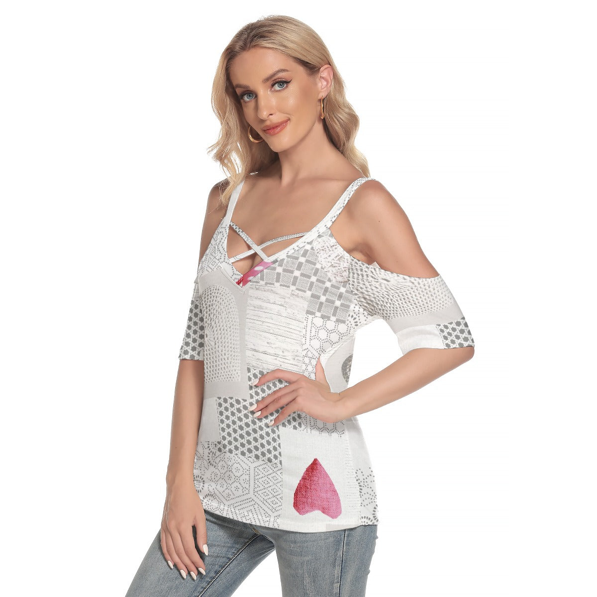 All-Over Print Women's Cold Shoulder T-shirt With Criss Cross Strips