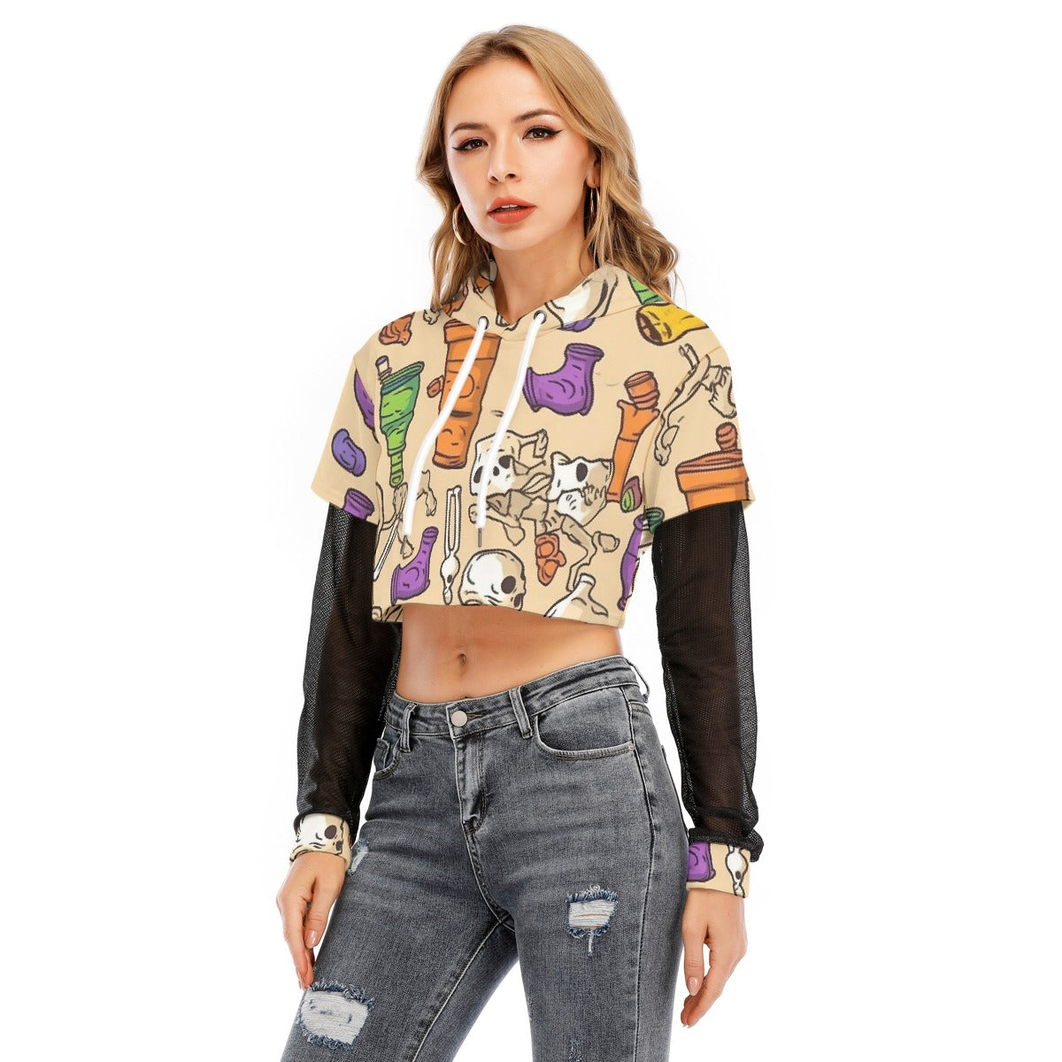 All-Over Print Women's Fake Two-piece Mesh Sleeve Cropped Hoodie