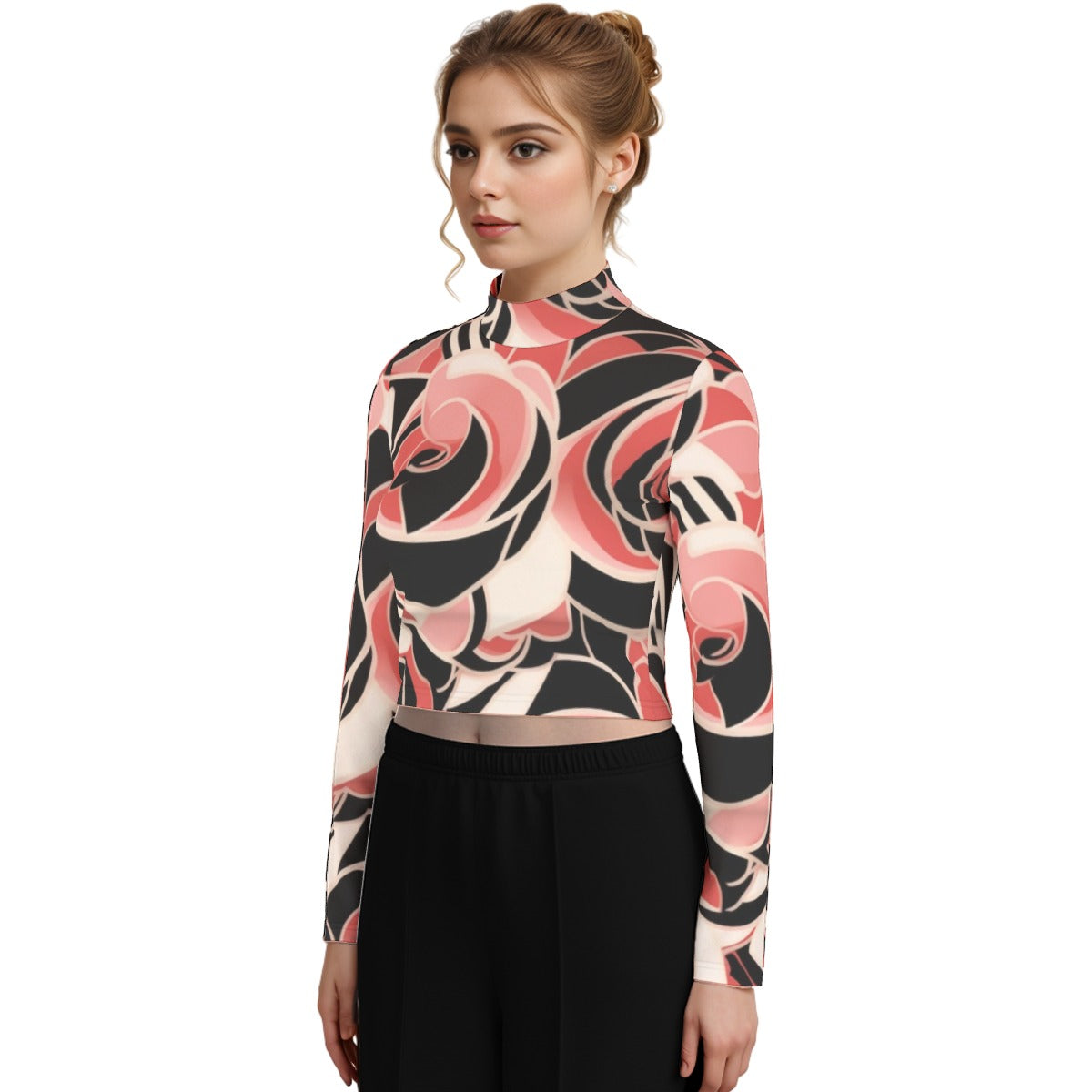 Eco-Friendly All-Over Print Women's Turtleneck T-shirt With Long Sleeve