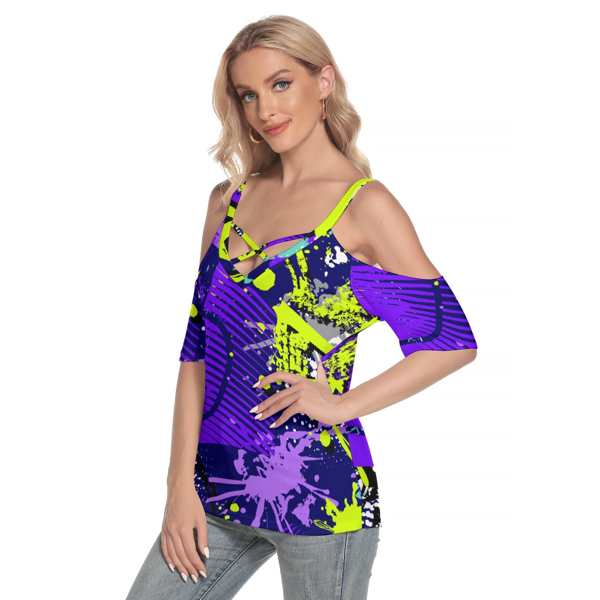 All-Over Print Women's Cold Shoulder T-shirt With Criss Cross Strips