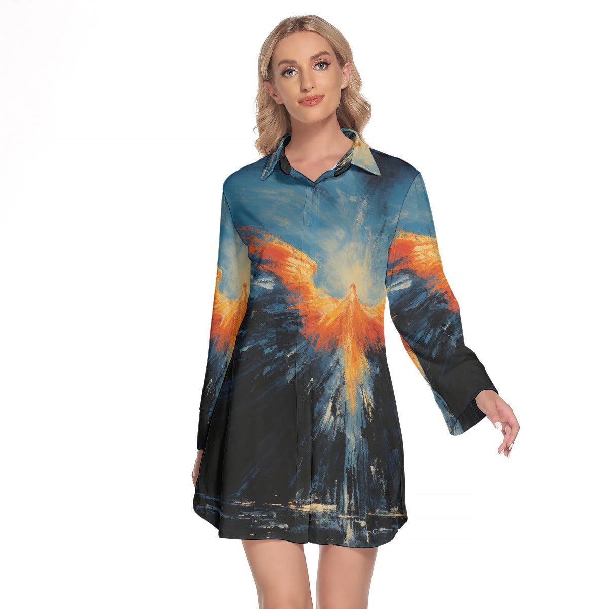 All-Over Print Women's Lapel Shirt Dress With Long Sleeve