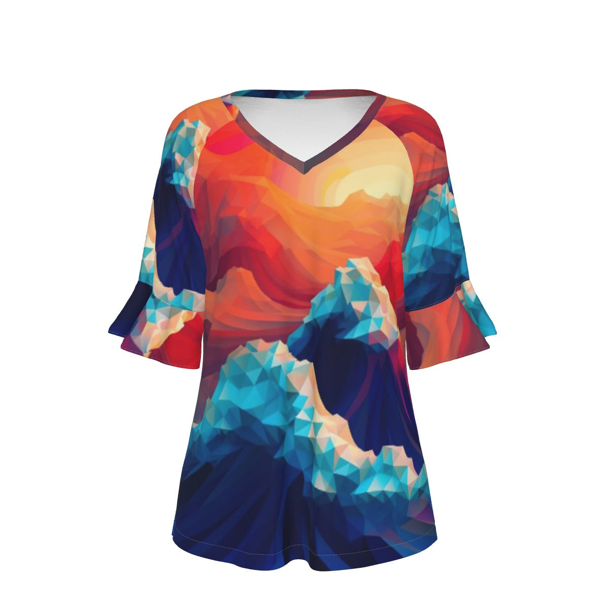 All-Over Print V-neck Women's T-shirt With Bell Sleeve