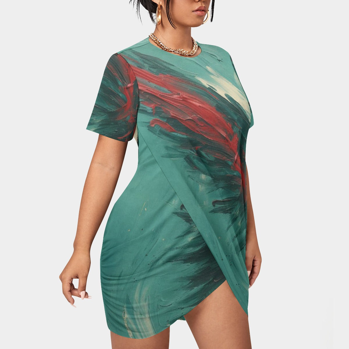 All-Over Print Women’s Stacked Hem Dress With Short Sleeve（Plus Size）