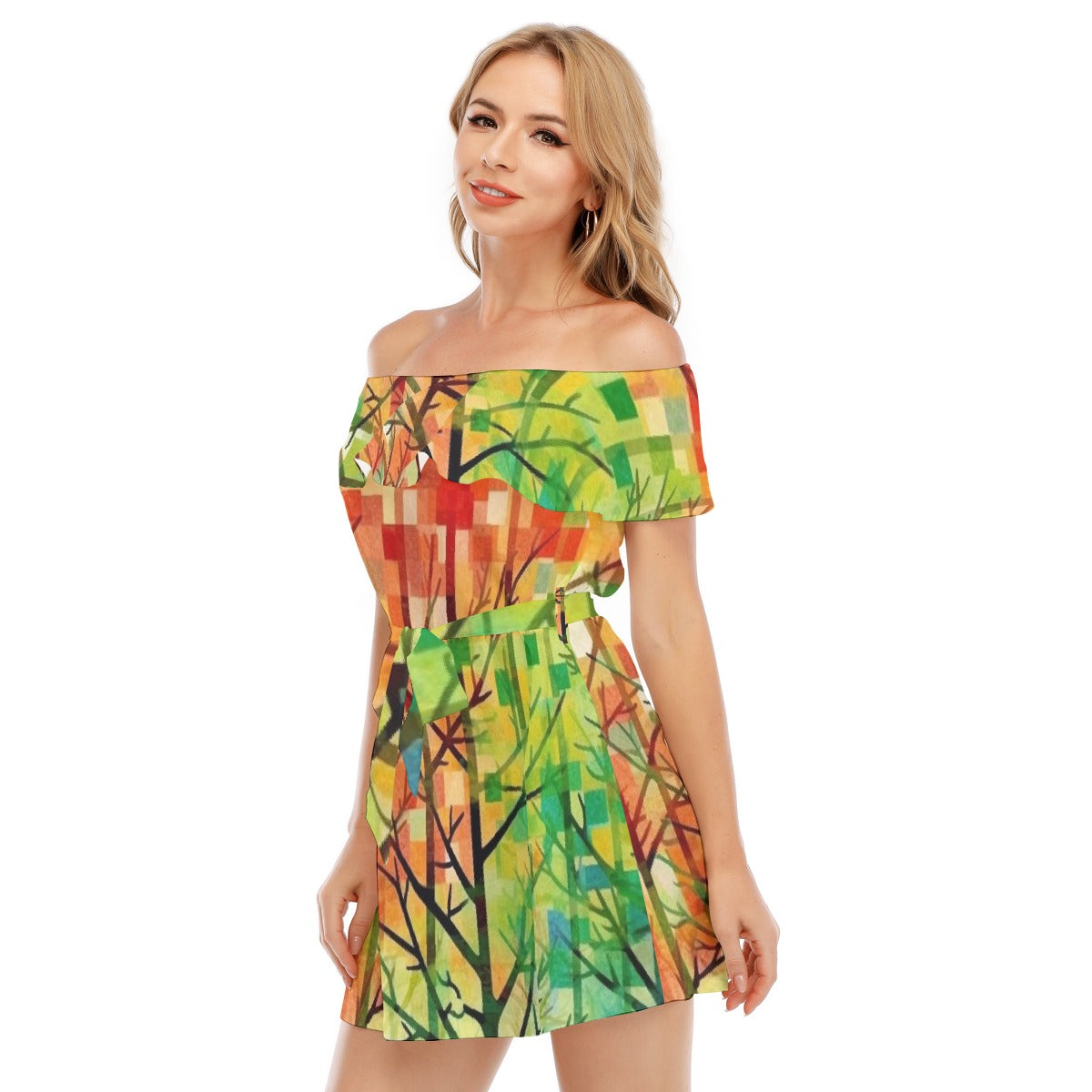 All-Over Print Women's Off-shoulder Dress With Ruffle