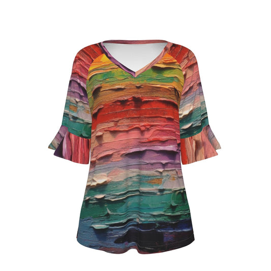 All-Over Print V-neck Women's T-shirt With Bell Sleeve