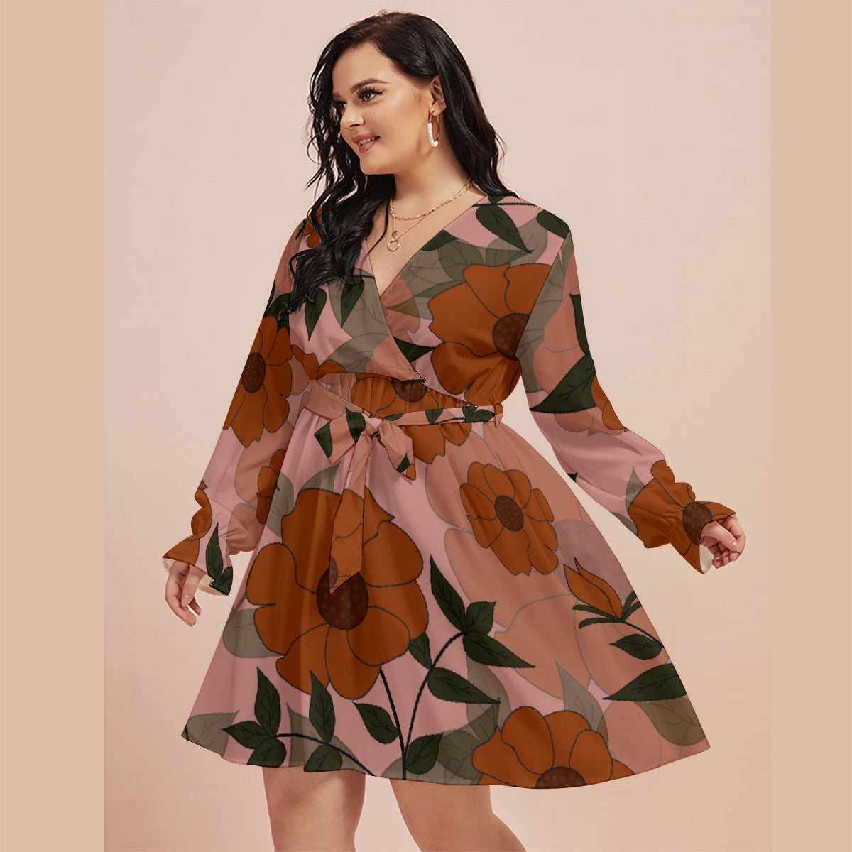 All-Over Print Women's V-neck Dress With Waistband(Plus Size)