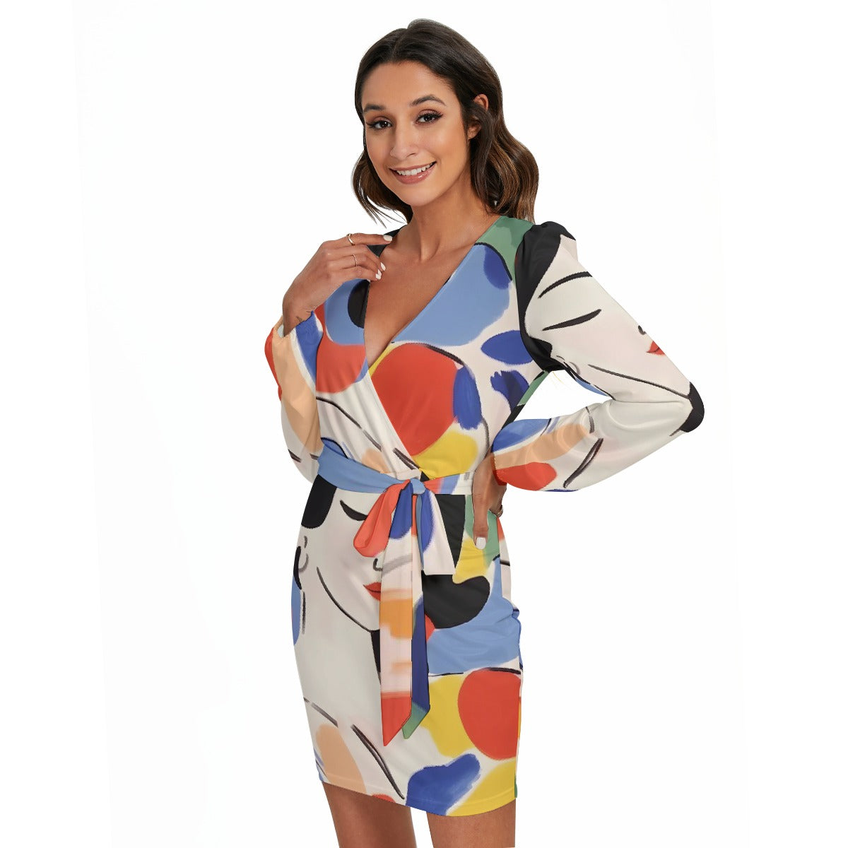 All-Over Print Women's Long Sleeve Dress With Waist Belt