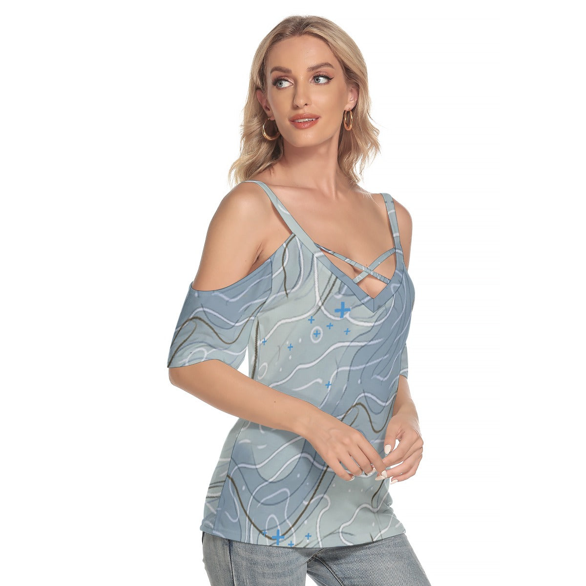 All-Over Print Women's Cold Shoulder T-shirt With Criss Cross Strips