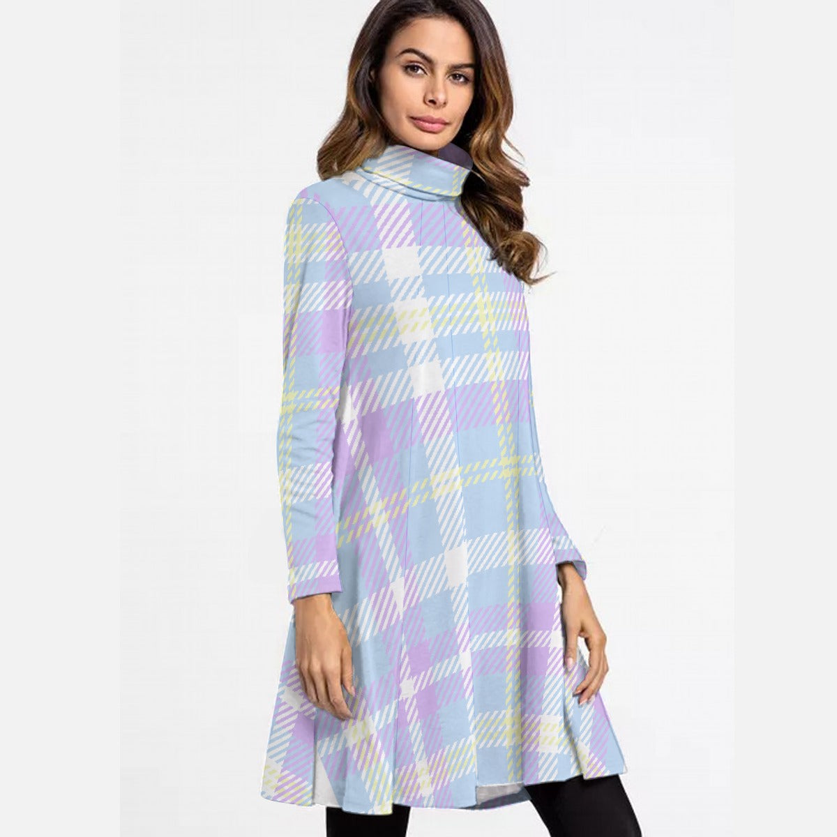 All-Over Print Women's High Neck Dress With Long Sleeve