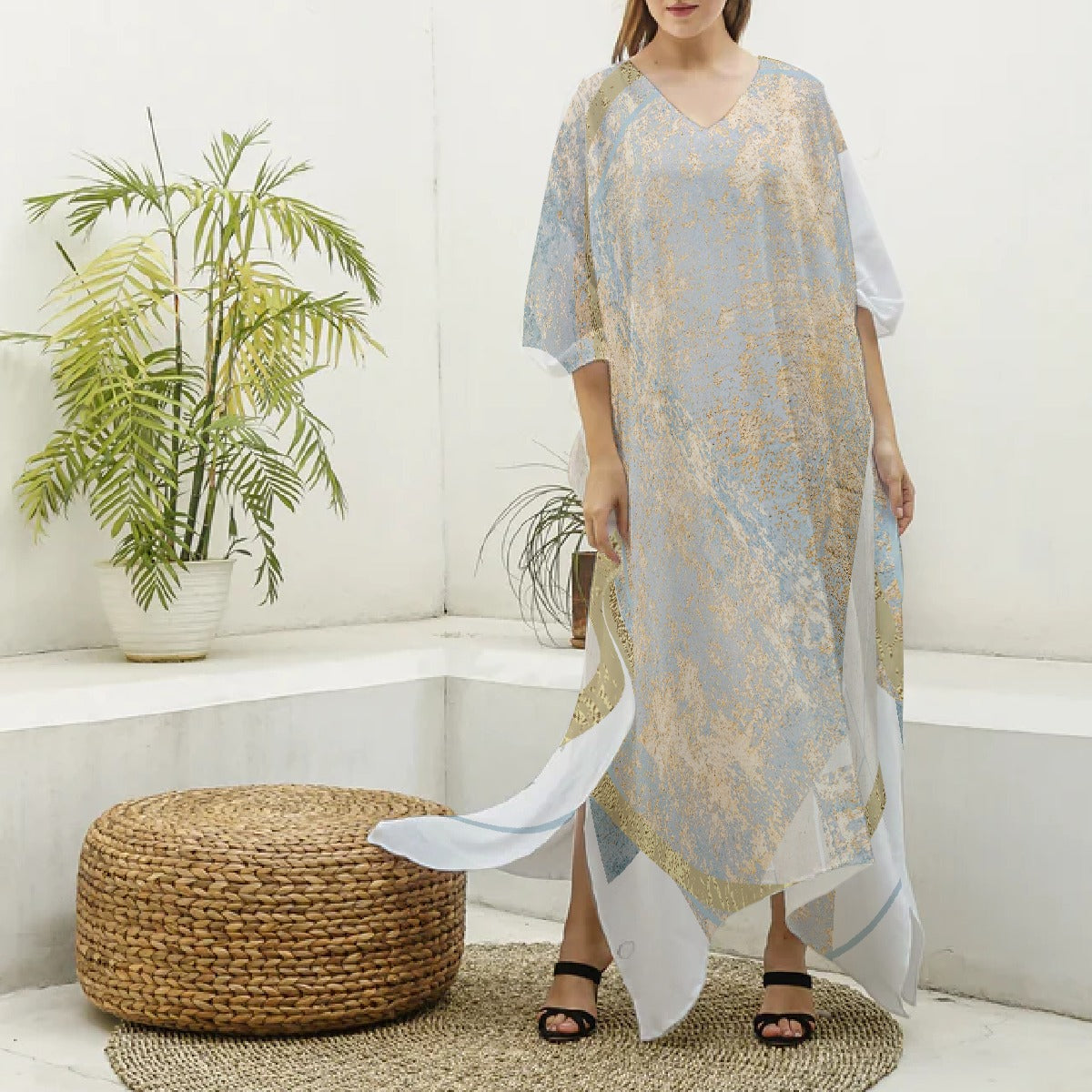 All-Over Print Women's Imitation Silk V-neck Kaftan Robe