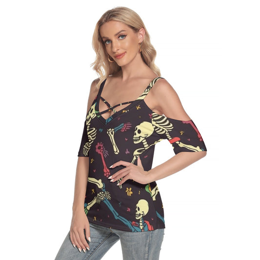 All-Over Print Women's Cold Shoulder T-shirt With Criss Cross Strips