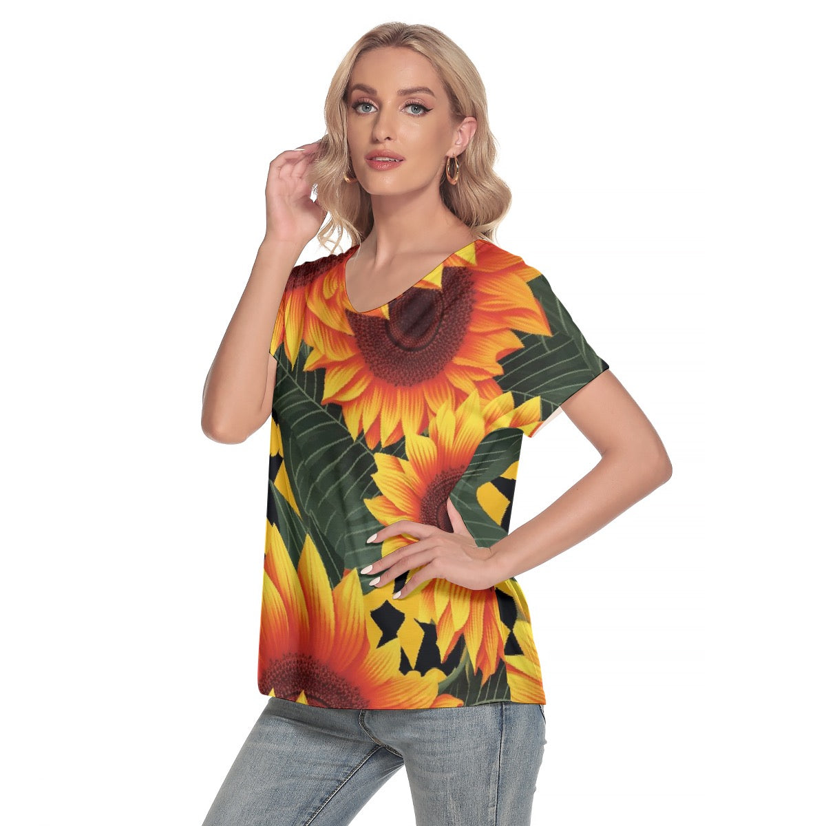 All-Over Print Women's Loose V-neck Short Sleeve T-shirt