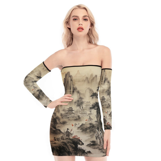 All-Over Print Women's Off-shoulder Back Lace-up Dress