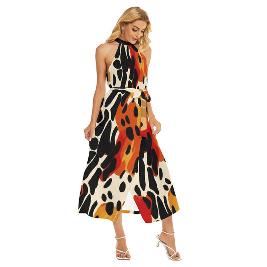 All-Over Print Women's Wrap Hem Belted Halter Dress