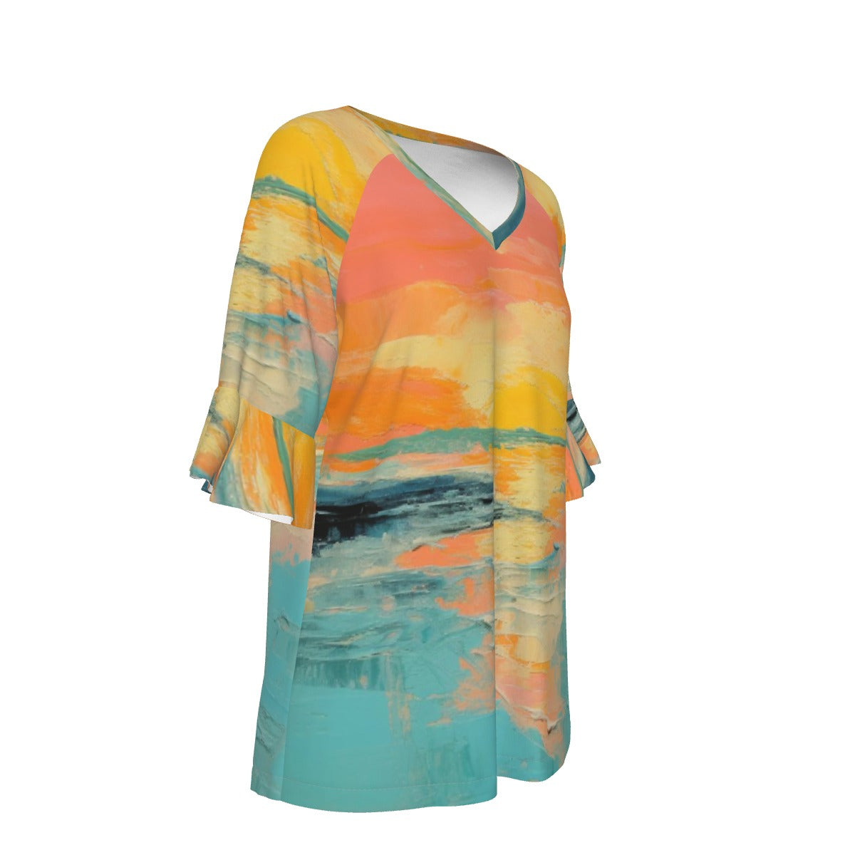 All-Over Print V-neck Women's T-shirt With Bell Sleeve