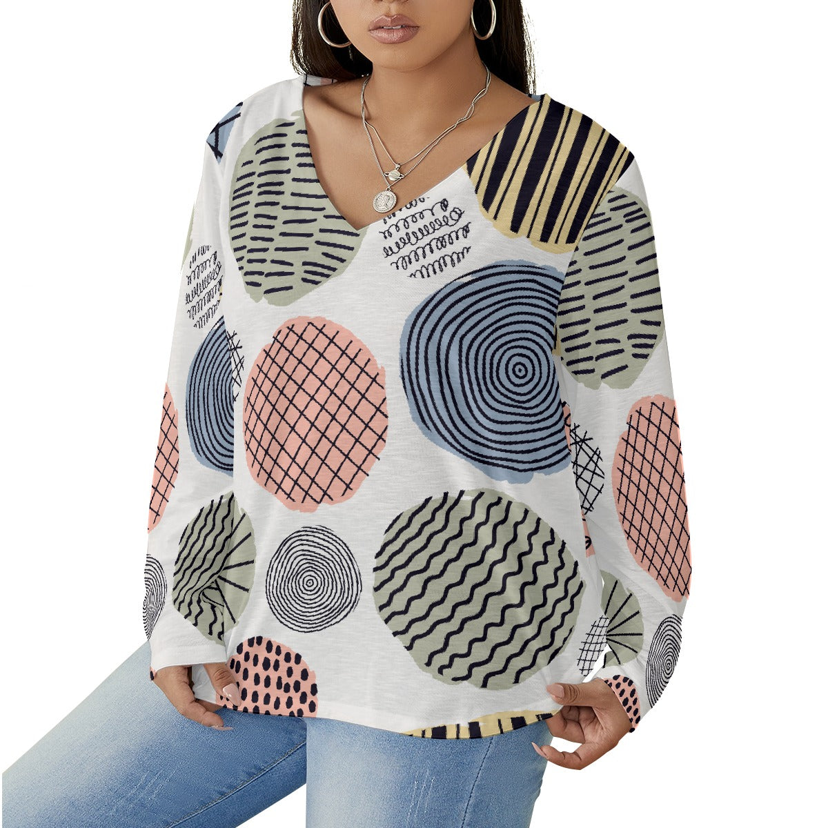 All-Over Print Women's V-neck T-shirt With Curved Hem(Plus Size)