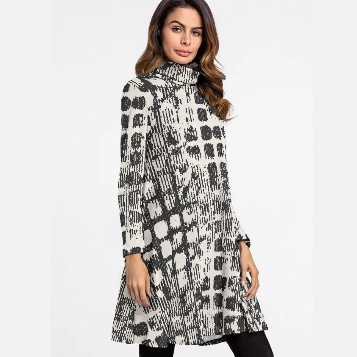 All-Over Print Women's High Neck Dress With Long Sleeve