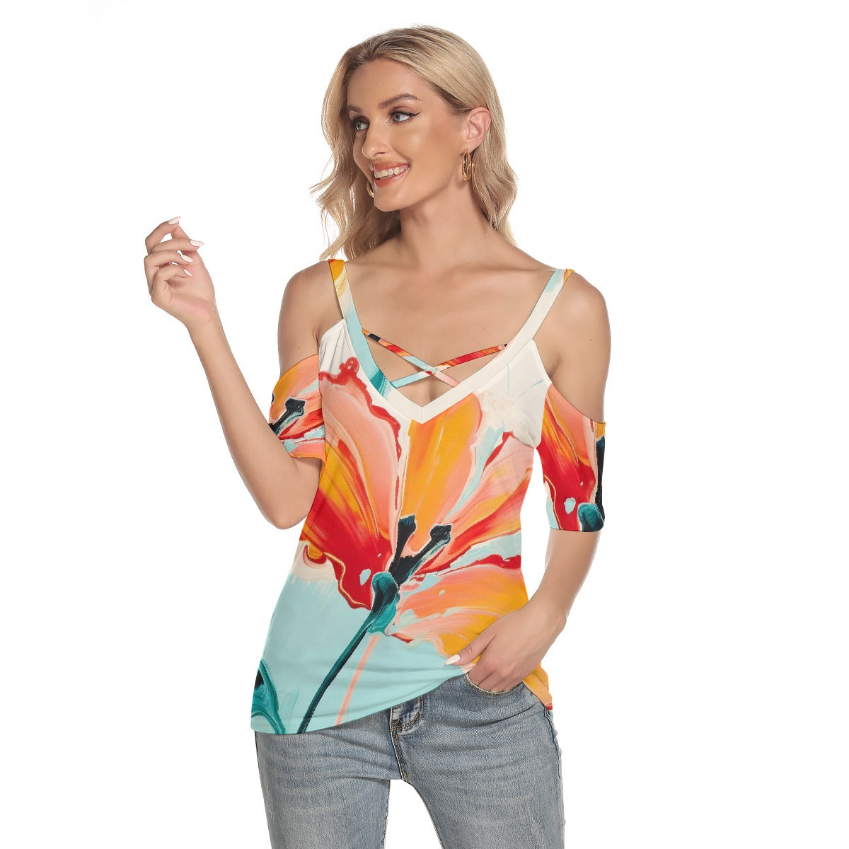 All-Over Print Women's Cold Shoulder T-shirt With Criss Cross Strips