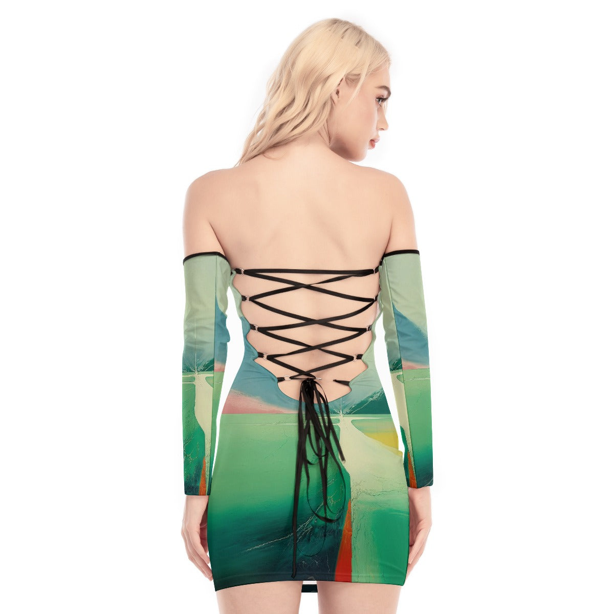 All-Over Print Women's Off-shoulder Back Lace-up Dress