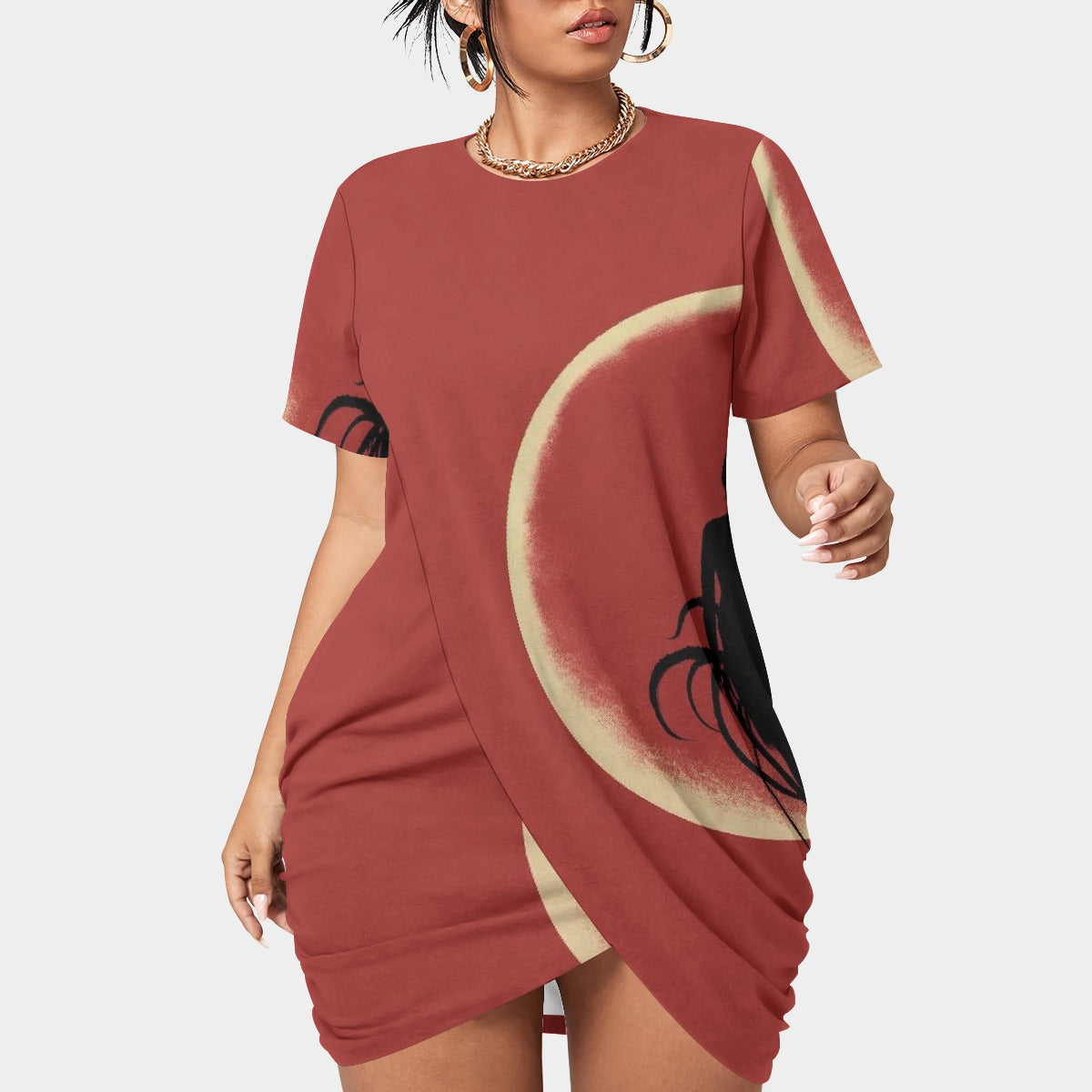 All-Over Print Women’s Stacked Hem Dress With Short Sleeve（Plus Size）