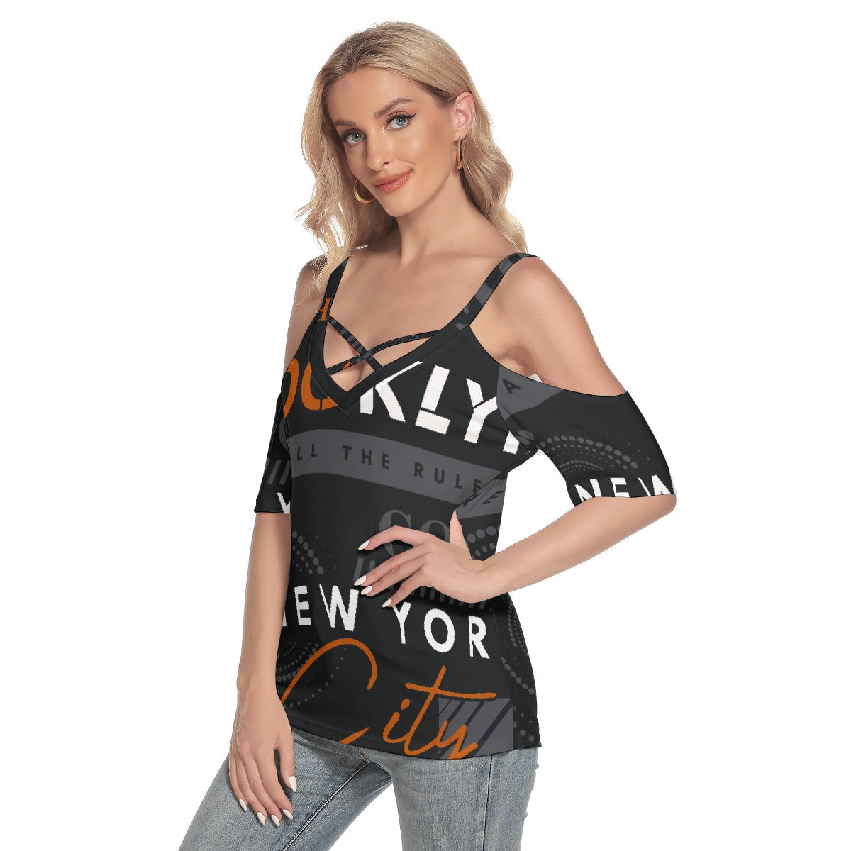 All-Over Print Women's Cold Shoulder T-shirt With Criss Cross Strips