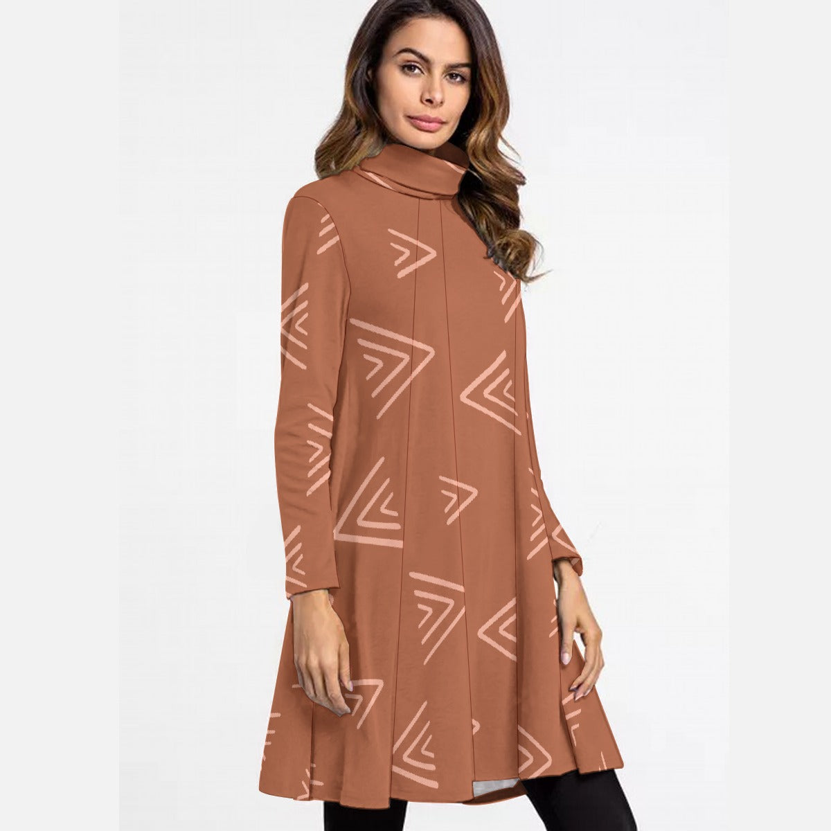 All-Over Print Women's High Neck Dress With Long Sleeve