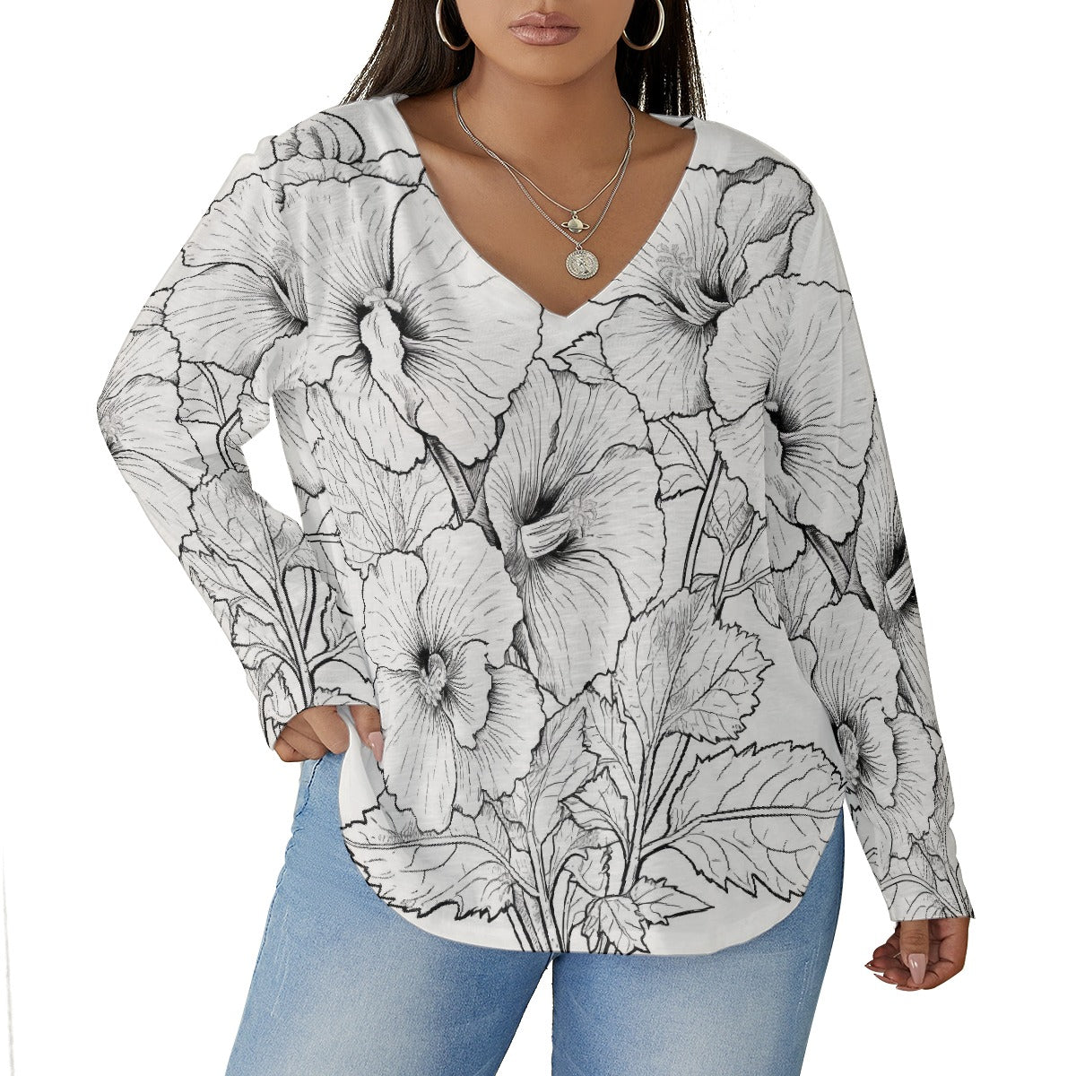 All-Over Print Women's V-neck T-shirt With Curved Hem(Plus Size)