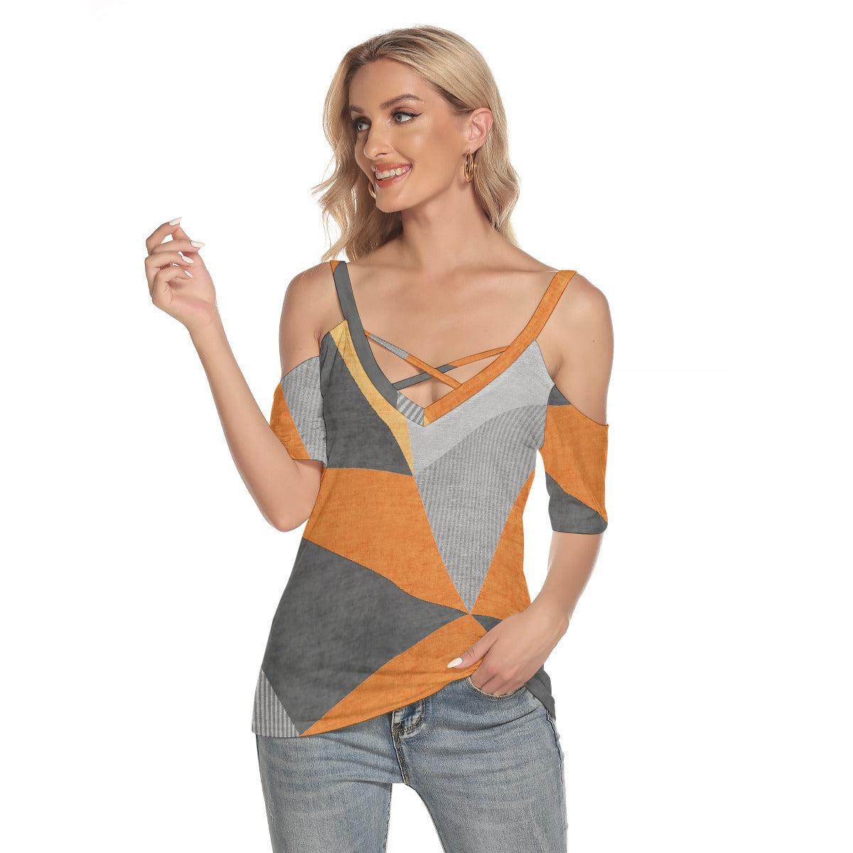 All-Over Print Women's Cold Shoulder T-shirt With Criss Cross Strips