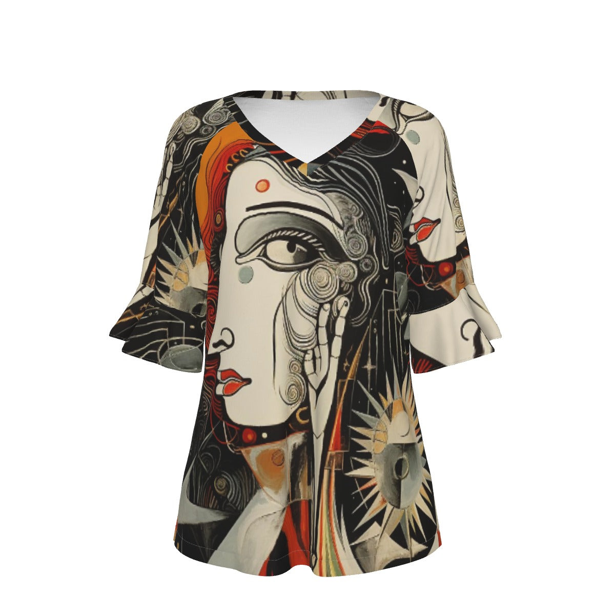 All-Over Print V-neck Women's T-shirt With Bell Sleeve