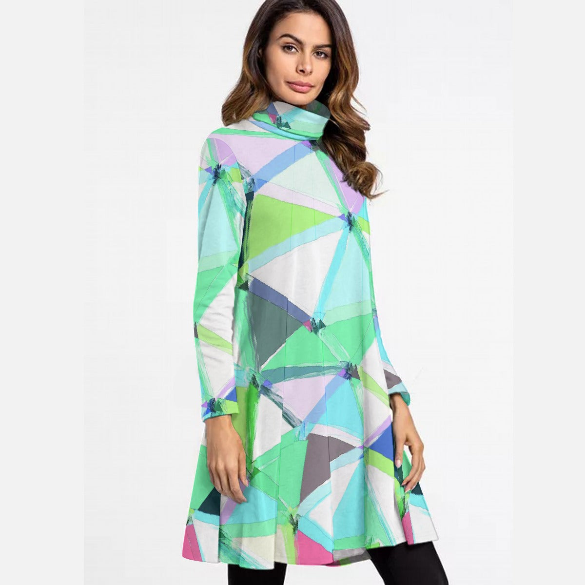 All-Over Print Women's High Neck Dress With Long Sleeve