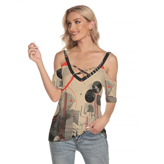 All-Over Print Women's Cold Shoulder T-shirt With Criss Cross Strips