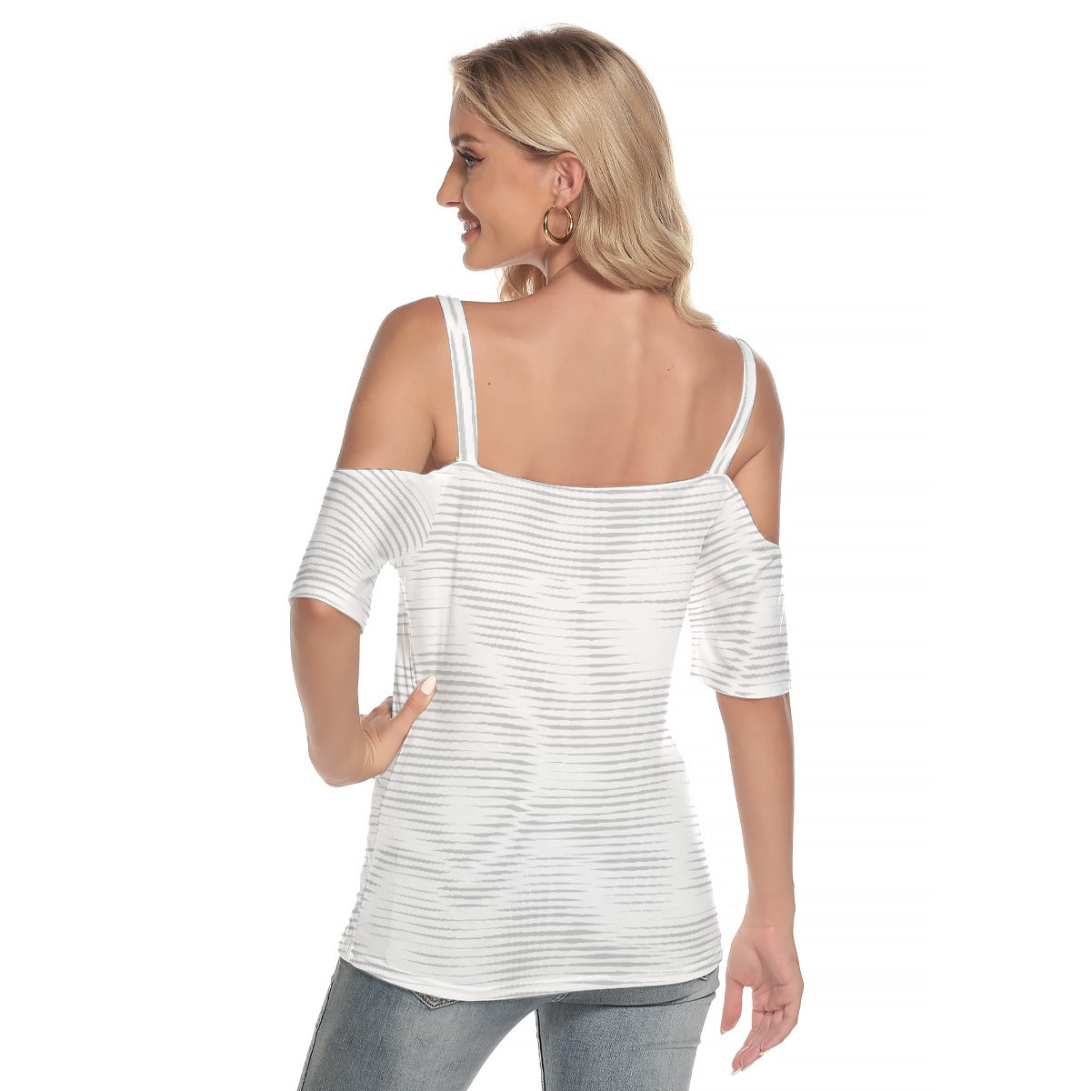 All-Over Print Women's Cold Shoulder T-shirt With Criss Cross Strips