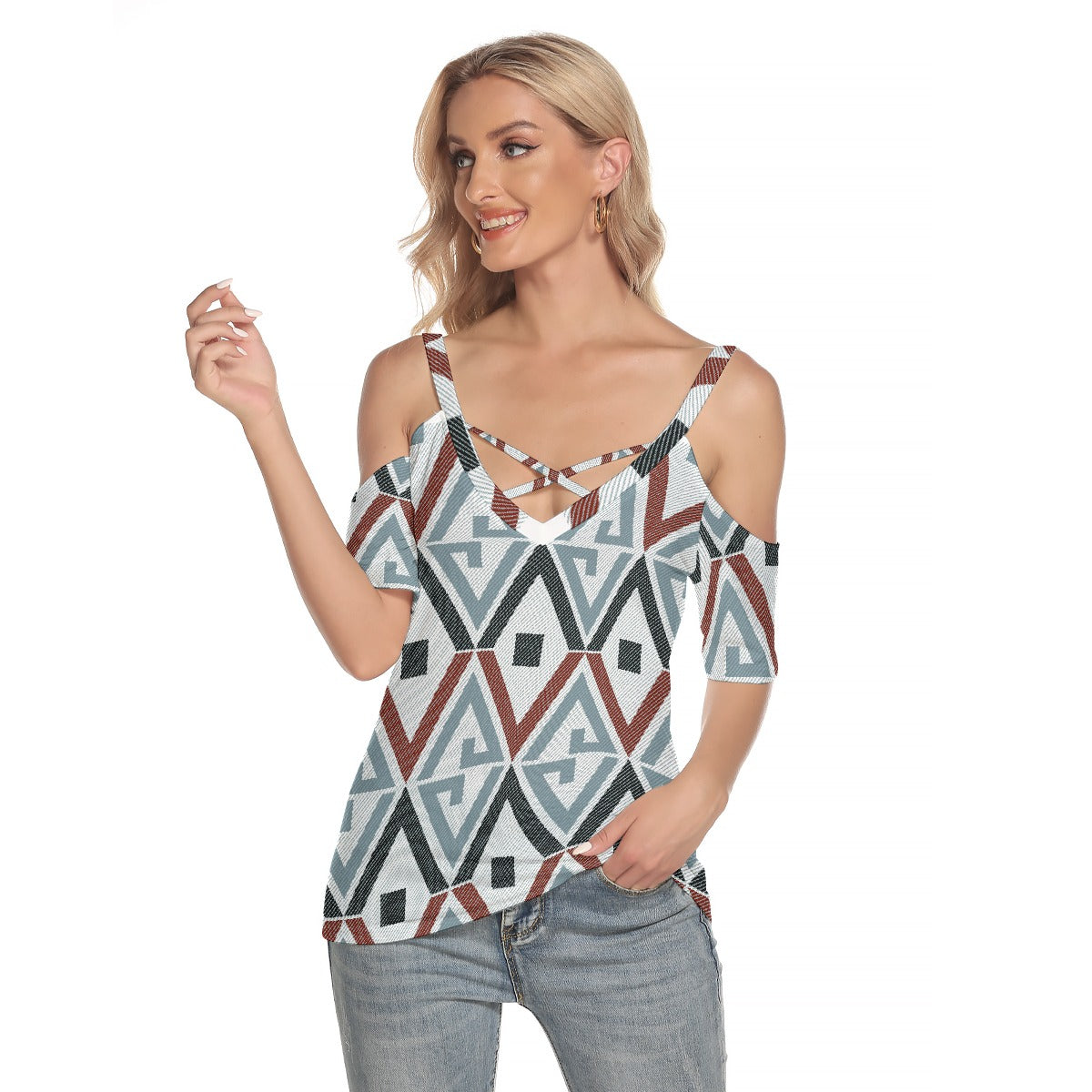 All-Over Print Women's Cold Shoulder T-shirt With Criss Cross Strips