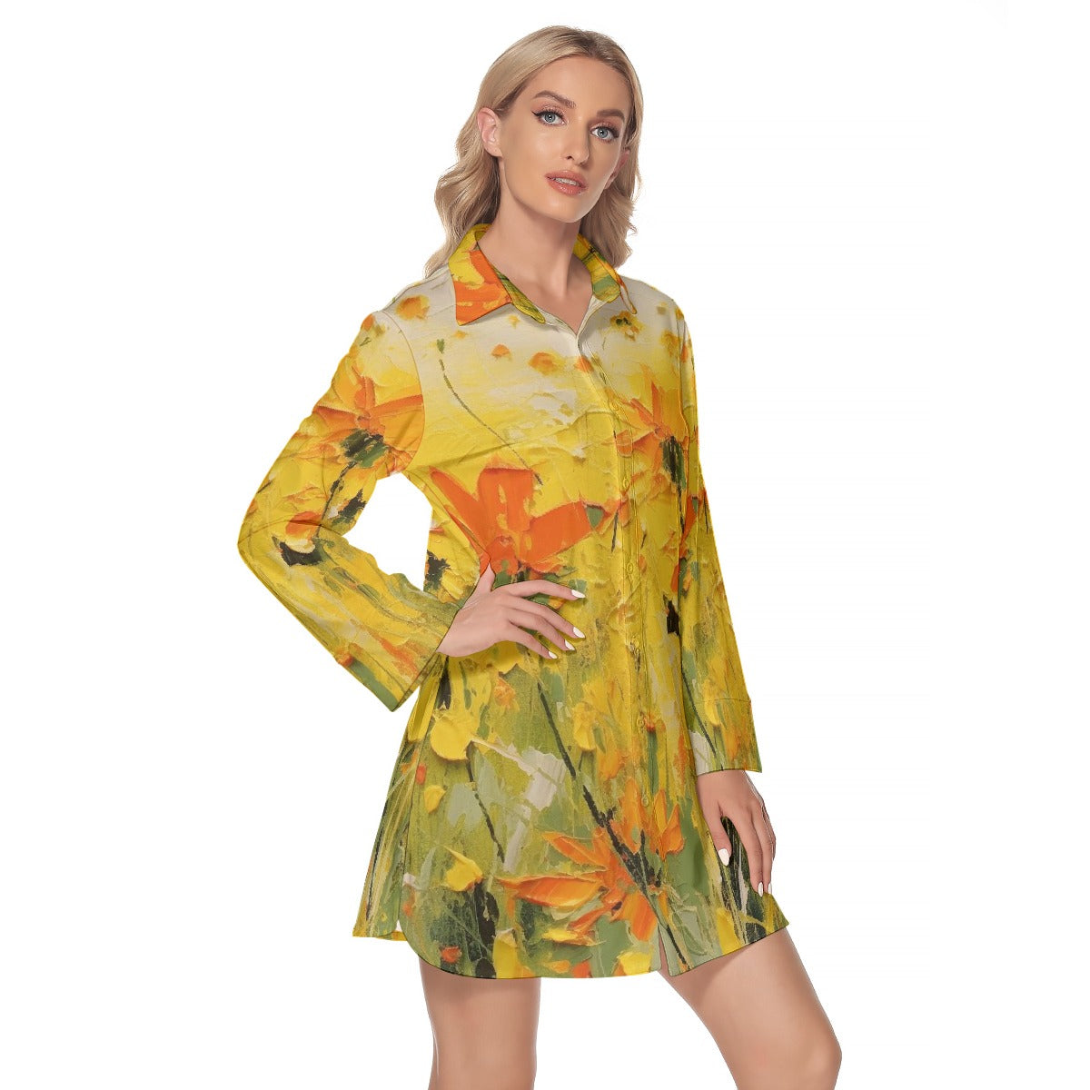 All-Over Print Women's Lapel Shirt Dress With Long Sleeve