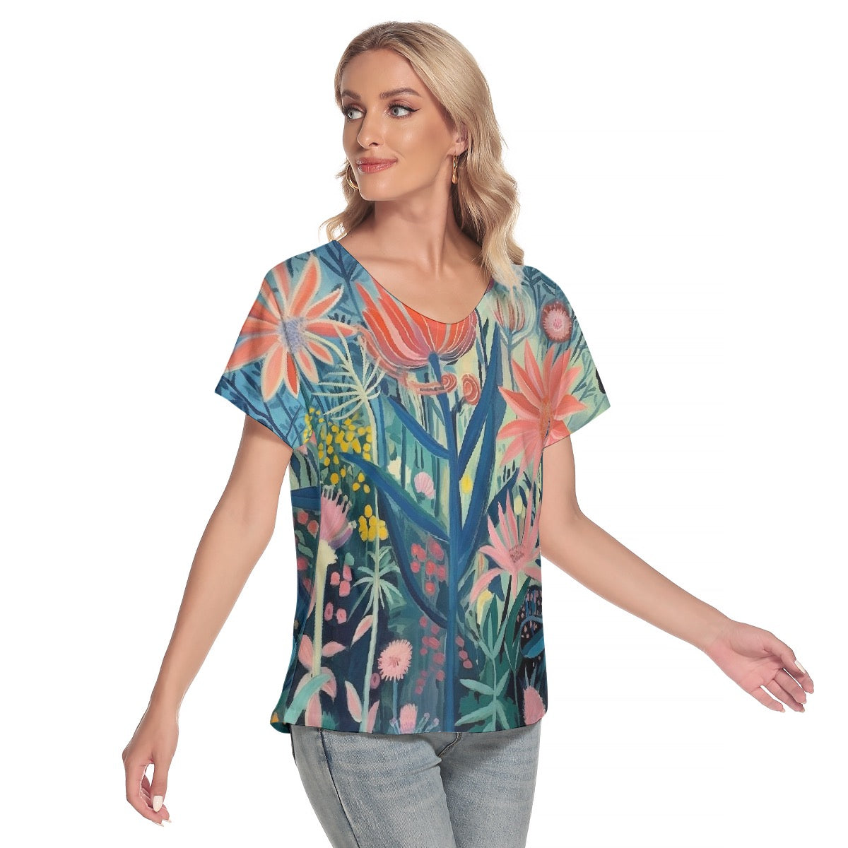 All-Over Print Women's Loose V-neck Short Sleeve T-shirt