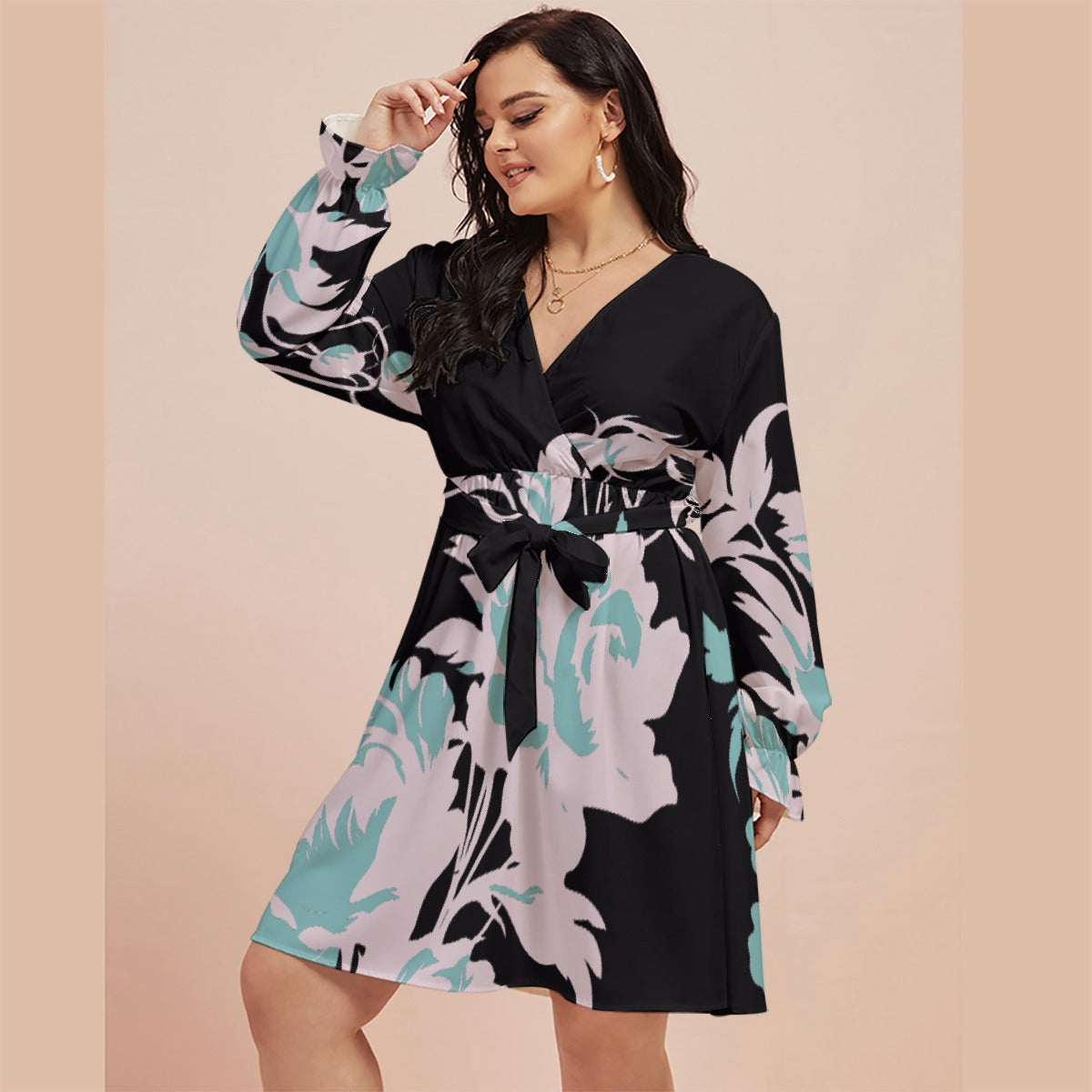 All-Over Print Women's V-neck Dress With Waistband(Plus Size)